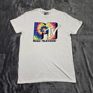 MTV Shirt Mens Medium White Tie Dye Logo Music Television Graphic T-Shirt Tee